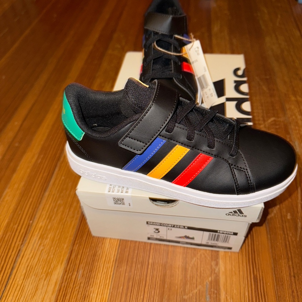 Adidas Kids' Black Sneakers with Red, Yellow, Blue, and Green Stripes- New